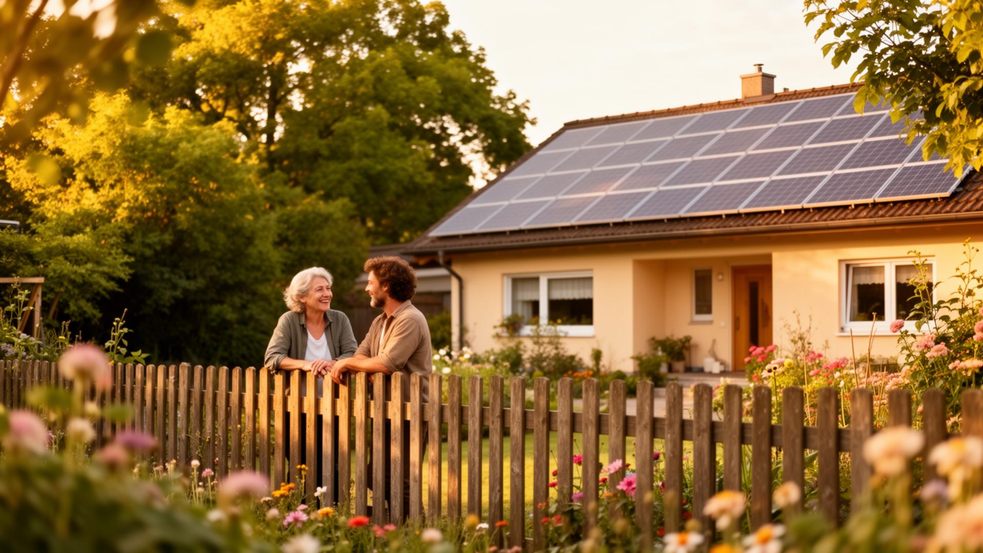 Freundliche Nachbarn unterhalten sich über den Gartenzaun